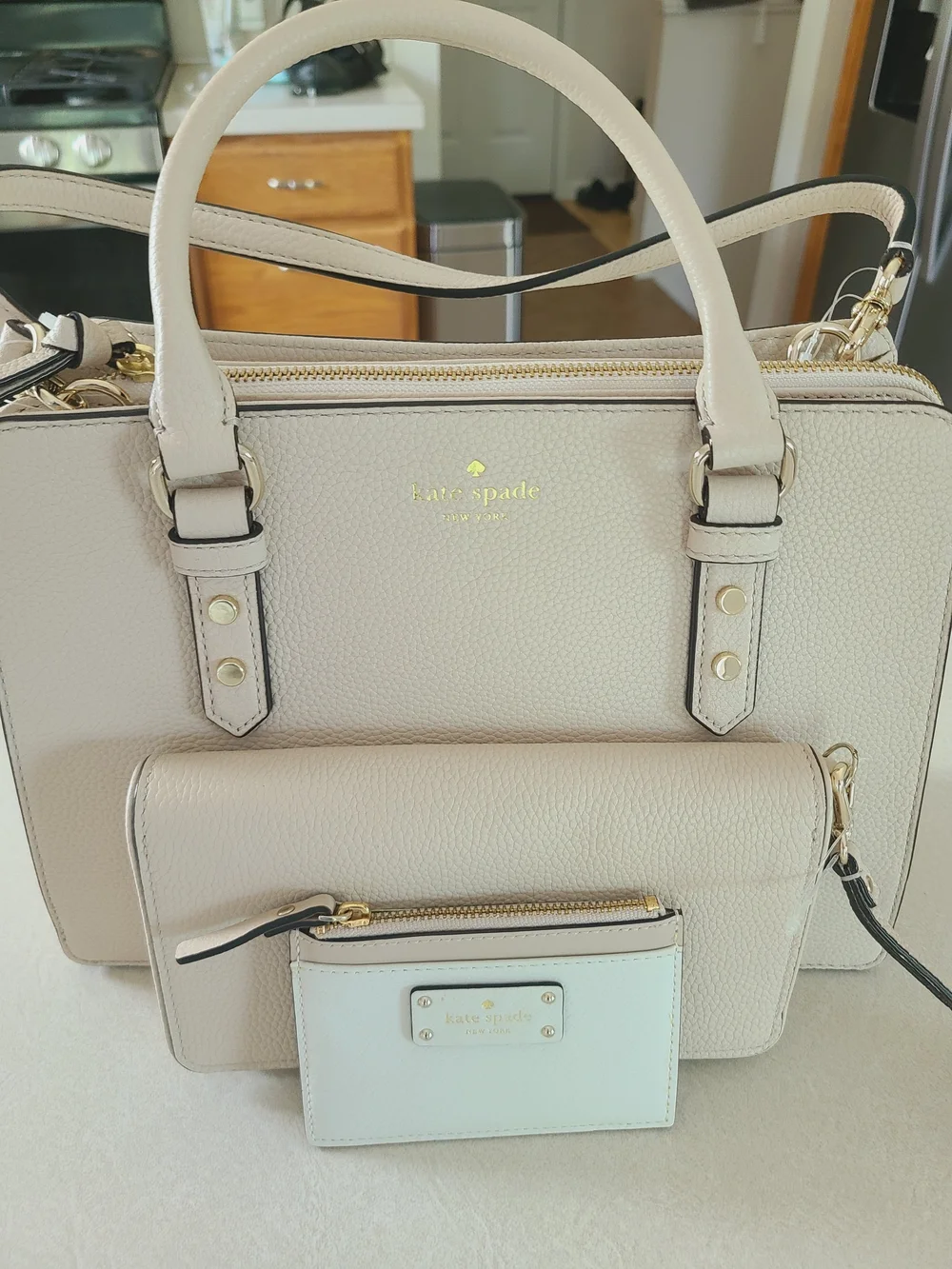 NEW kate spade Beige Pebbled Leather Satchel with Matching Pouch and Cardholder